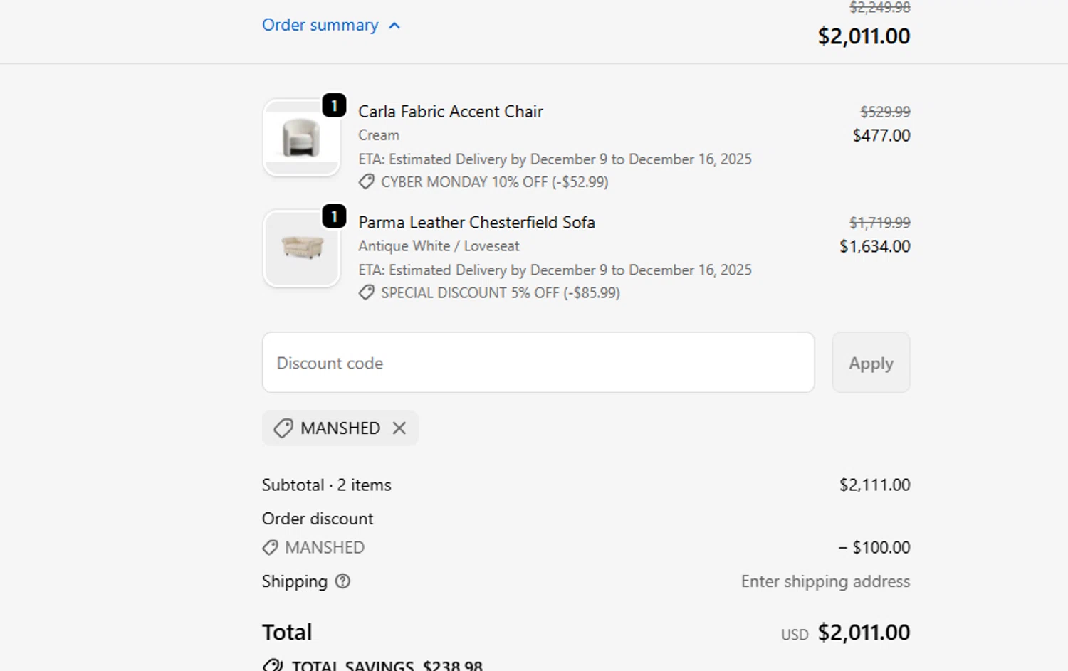 Valencia Theater Seating discount code screenshot showing code MANSHED applied at Valencia Theater Seating checkout page. Uploaded by SimplyCodes community member ashe1986 on Dec 2, 2025