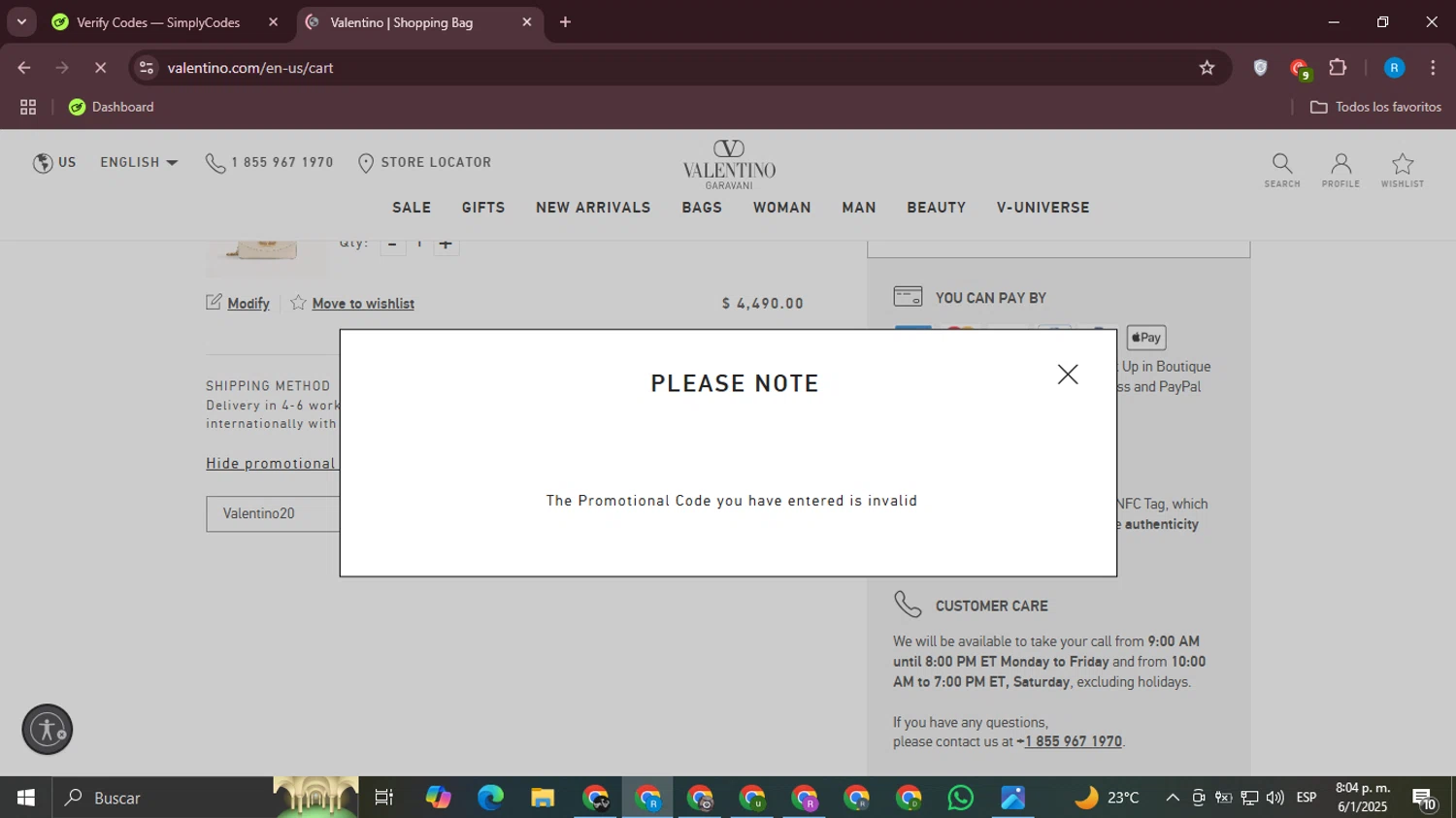 Valentino promo code screenshot showing code Valentino20 applied at Valentino checkout page. Uploaded by SimplyCodes community member Aemontar on Jan 7, 2025