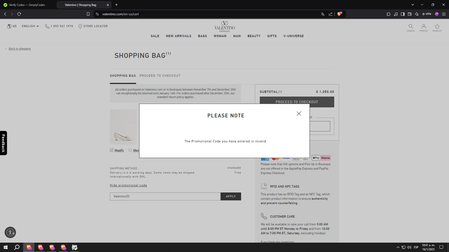 Valentino promo code screenshot showing code Valentino20 applied at Valentino checkout page. Uploaded by SimplyCodes community member aaaaaaaaaaaaaaaaaaaaa on Jan 16, 2025
