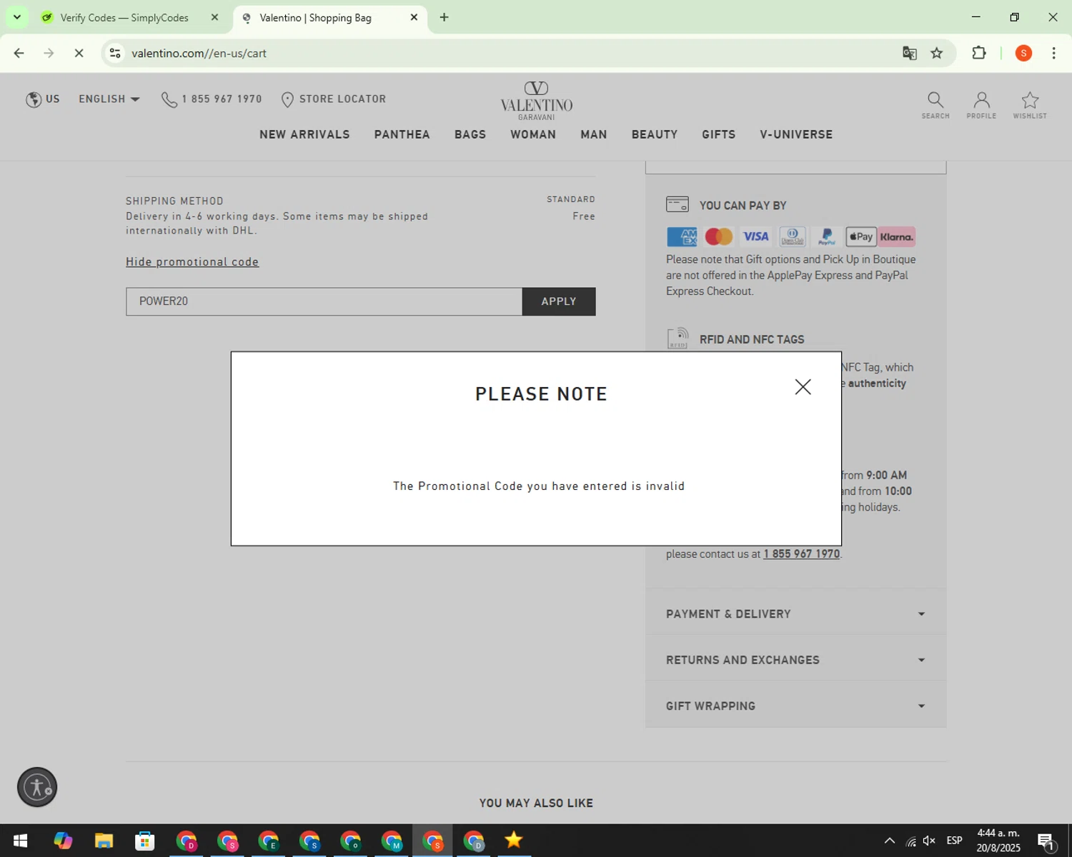 Valentino promo code screenshot showing code POWER20 applied at Valentino checkout page. Uploaded by SimplyCodes community member CrownBoss9623 on Aug 20, 2025