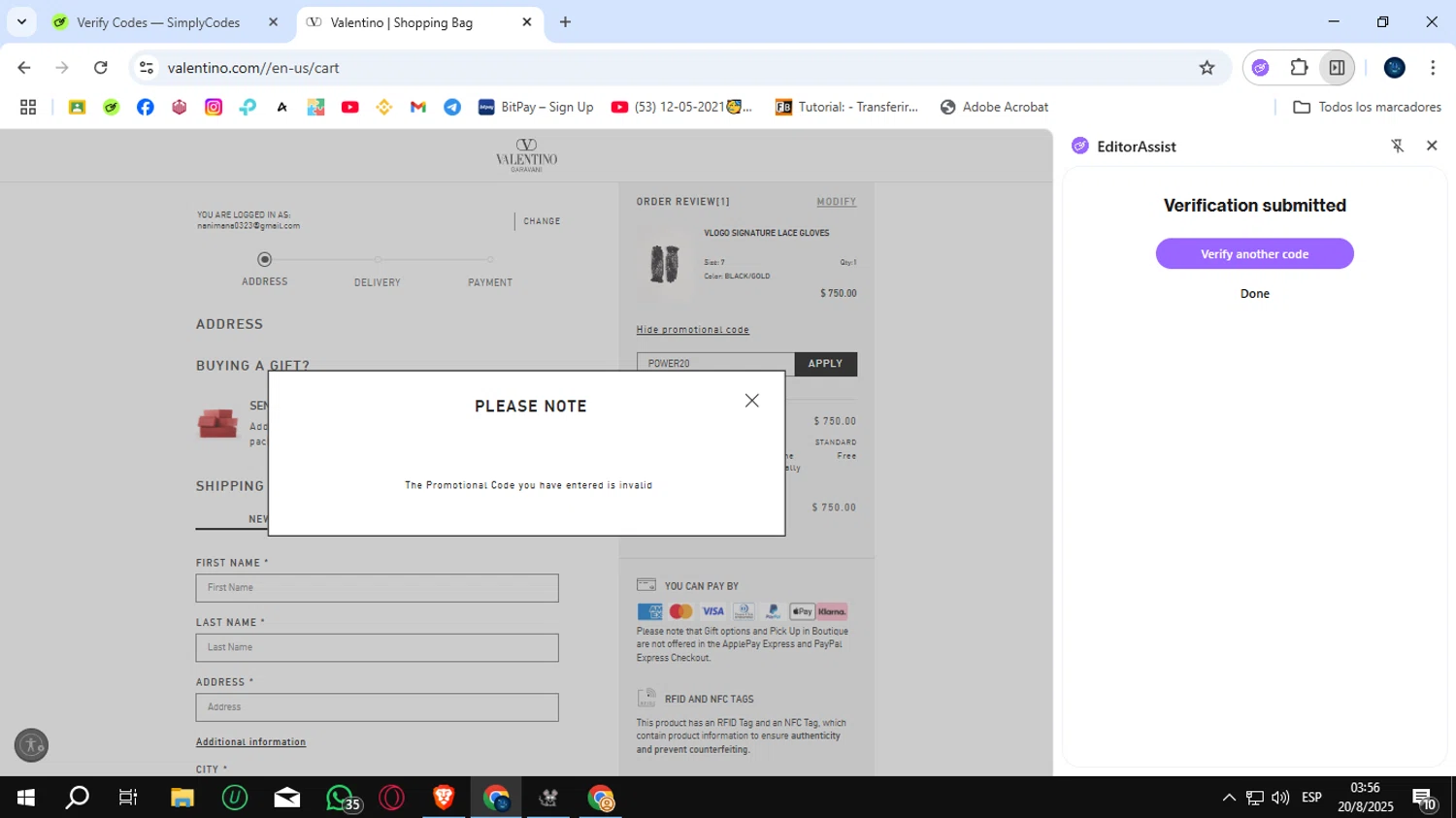 Valentino promo code screenshot showing code POWER20 applied at Valentino checkout page. Uploaded by SimplyCodes community member SunJinWoo on Aug 20, 2025