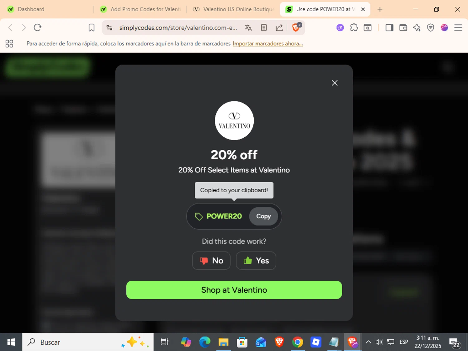 Valentino promo code screenshot showing code POWER20 applied at Valentino checkout page. Uploaded by SimplyCodes community member ANDREWW on Dec 22, 2025