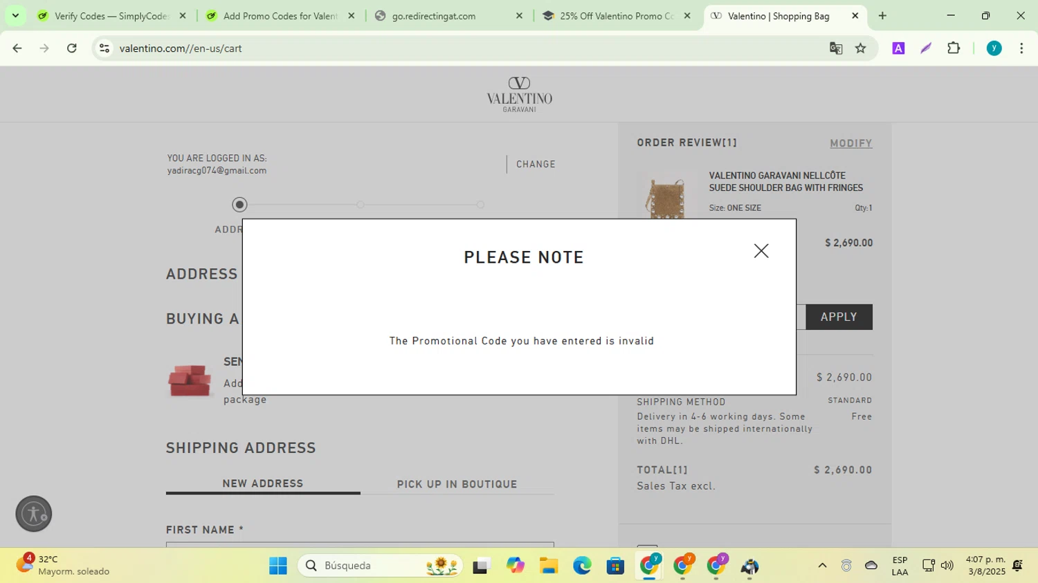 Valentino promo code screenshot showing code BLACKFRIDAY24 applied at Valentino checkout page. Uploaded by SimplyCodes community member yadiracg074 on Aug 3, 2025