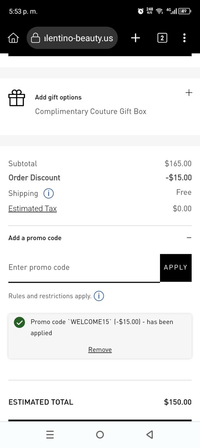 Valentino Beauty checkout page showing Valentino Beauty promo code box | Screenshot taken by SimplyCodes community member on Dec 25, 2024