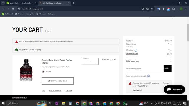 Valentino Beauty checkout page showing Valentino Beauty promo code box | Screenshot taken by SimplyCodes community member on Oct 14, 2024