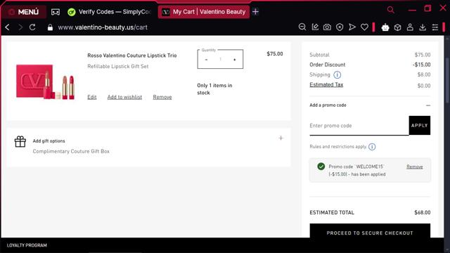 Valentino Beauty checkout page showing Valentino Beauty promo code box | Screenshot taken by SimplyCodes community member on Dec 25, 2024