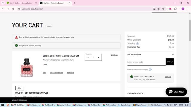 Valentino Beauty checkout page showing Valentino Beauty promo code box | Screenshot taken by SimplyCodes community member on Oct 27, 2024