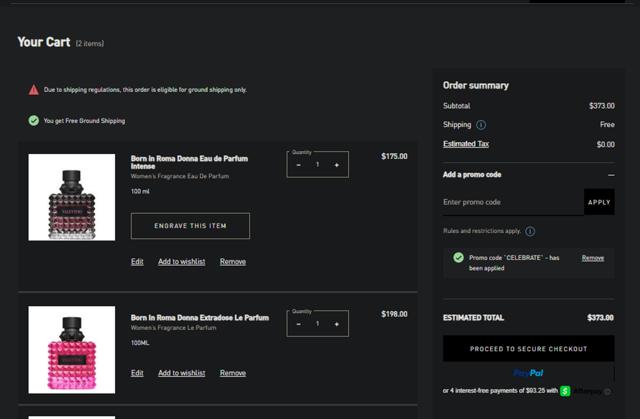 Valentino Beauty checkout page showing Valentino Beauty promo code box | Screenshot taken by SimplyCodes community member on Mar 21, 2025