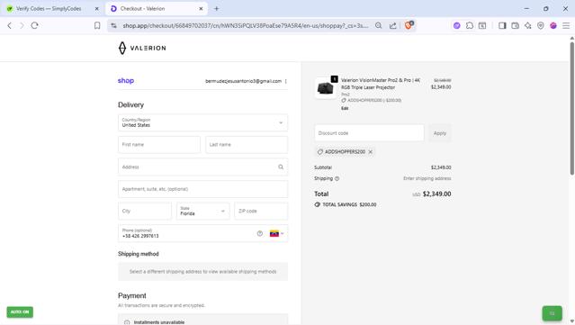 Valerion checkout page showing Valerion discount code box | Screenshot taken by SimplyCodes community member on Sep 27, 2025