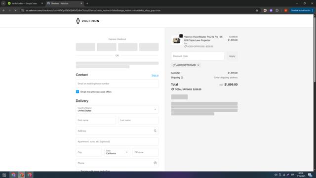 Valerion checkout page showing Valerion discount code box | Screenshot taken by SimplyCodes community member on Oct 7, 2025