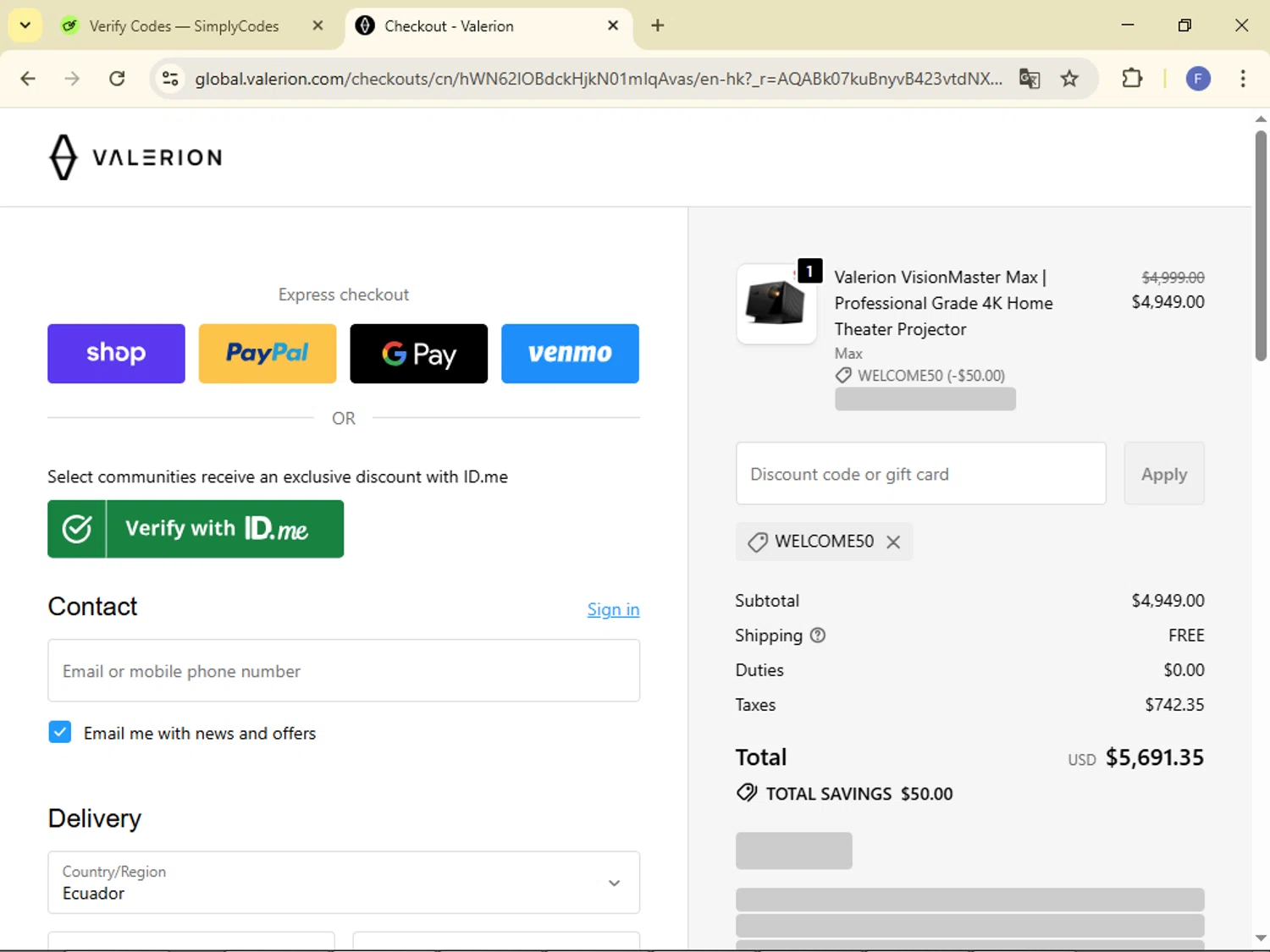 Valerion checkout page showing Valerion discount code box | Screenshot taken by SimplyCodes community member on Dec 4, 2025