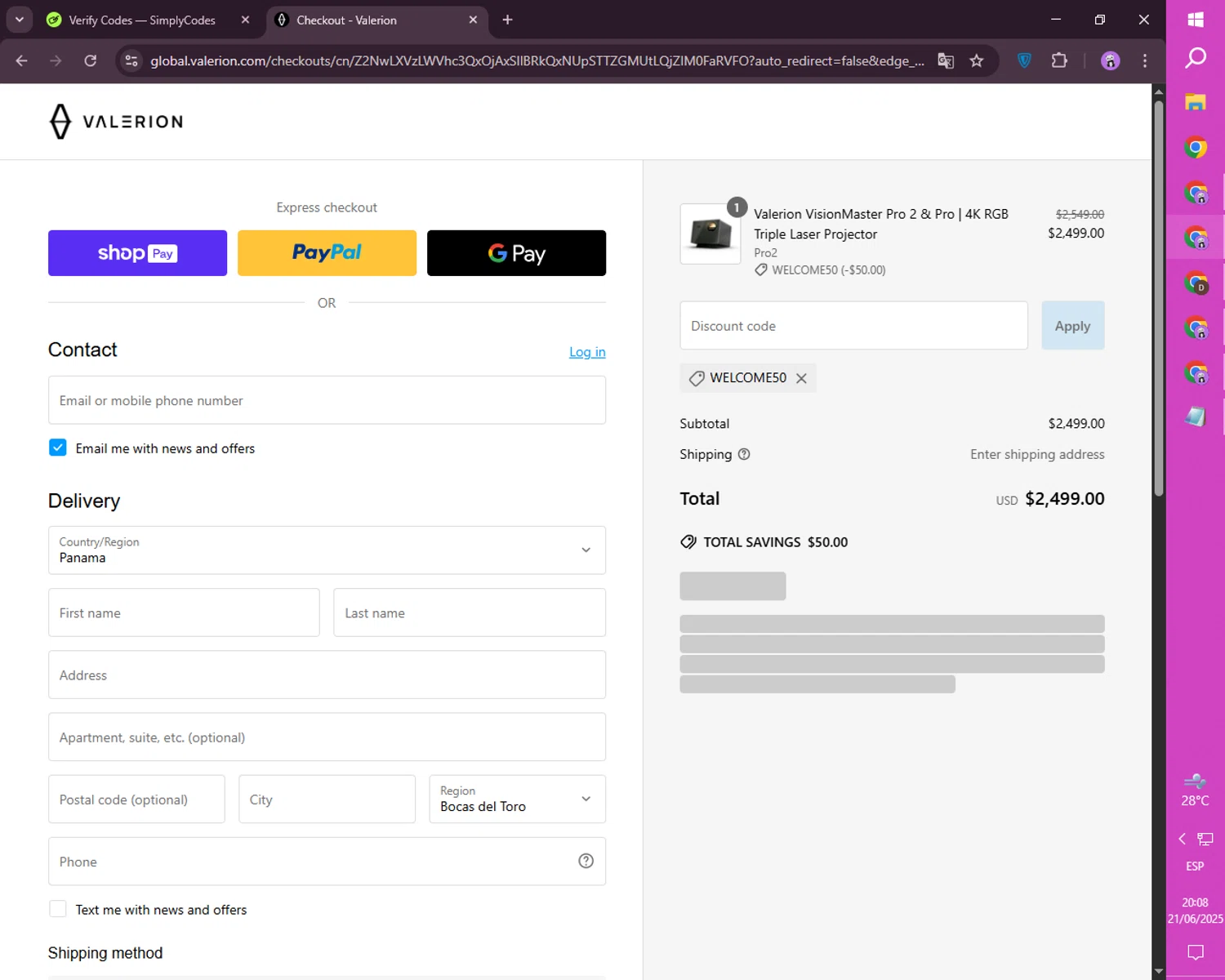Valerion discount code screenshot showing code WELCOME50 applied at Valerion checkout page. Uploaded by SimplyCodes community member CashSaver4711 on Jun 22, 2025