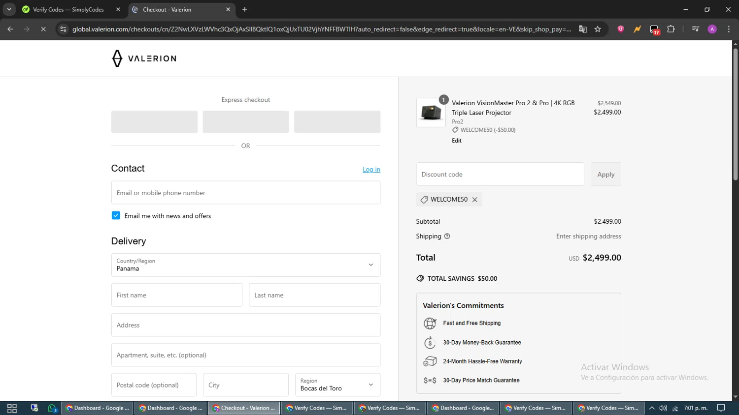 Valerion discount code screenshot showing code WELCOME50 applied at Valerion checkout page. Uploaded by SimplyCodes community member CouponScout5403 on Jun 21, 2025