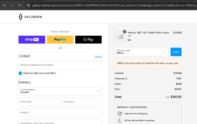 Valerion checkout page showing Valerion discount code box | Screenshot taken by SimplyCodes community member on Jul 25, 2025