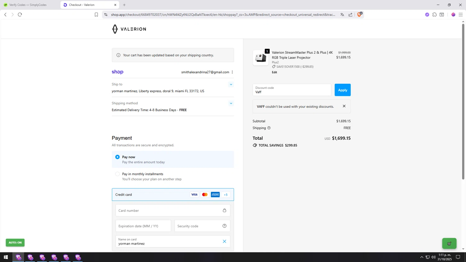 Valerion discount code screenshot showing code Vaff applied at Valerion checkout page. Uploaded by SimplyCodes community member AUTOMATED on Oct 31, 2025