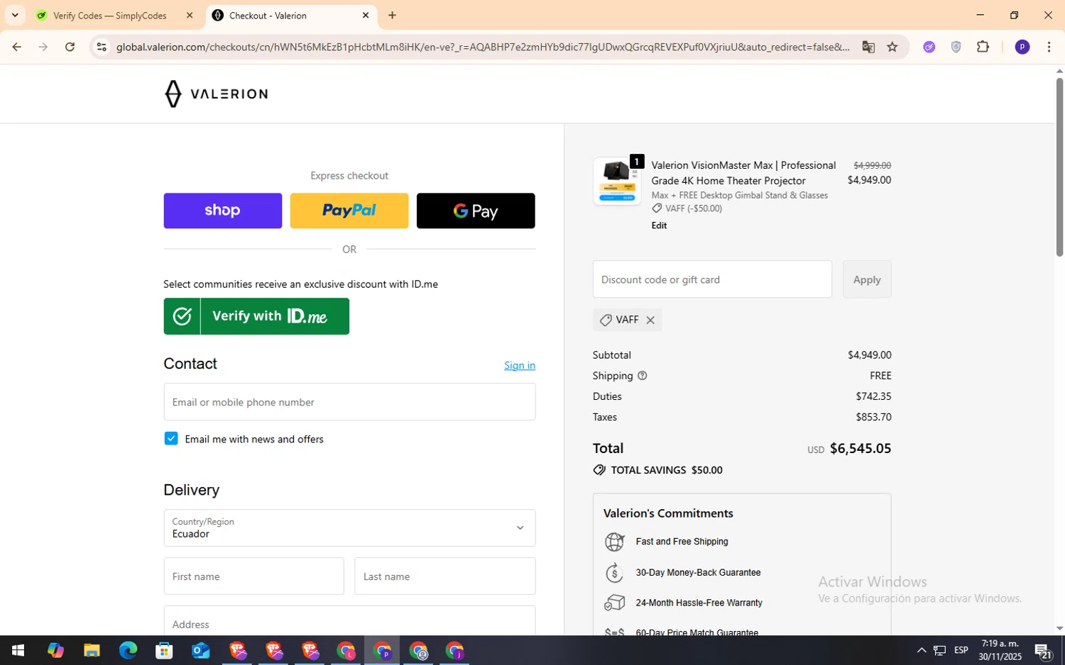 Valerion discount code screenshot showing code Vaff applied at Valerion checkout page. Uploaded by SimplyCodes community member NobleFox9153 on Nov 30, 2025