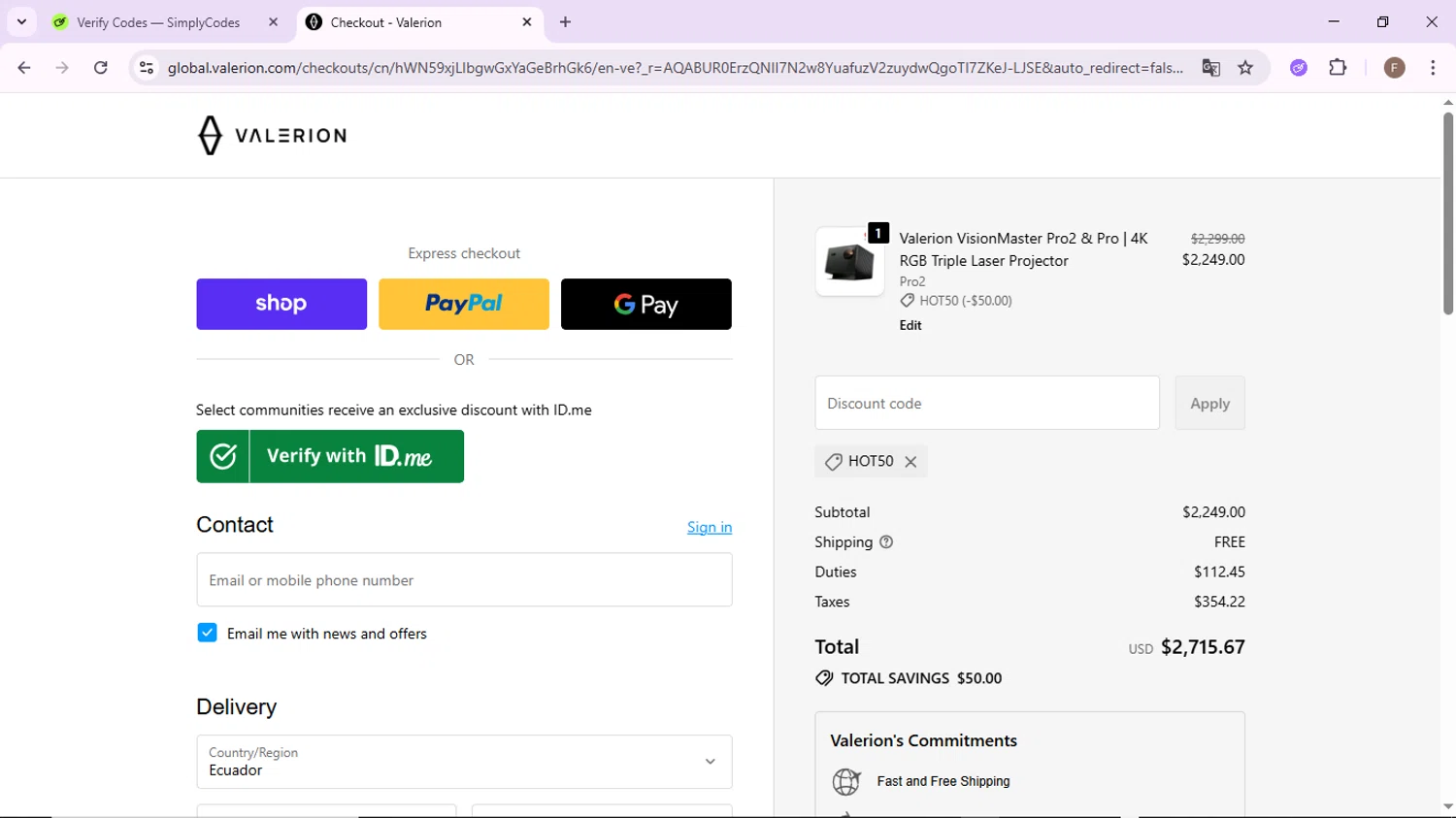 Valerion discount code screenshot showing code HOT50 applied at Valerion checkout page. Uploaded by SimplyCodes community member CashLion2660 on Nov 11, 2025
