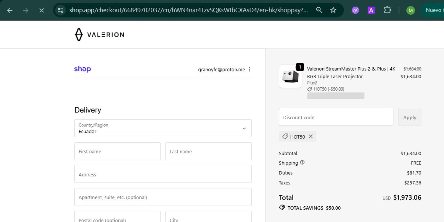 Valerion discount code screenshot showing code HOT50 applied at Valerion checkout page. Uploaded by SimplyCodes community member MARCVH on Nov 1, 2025