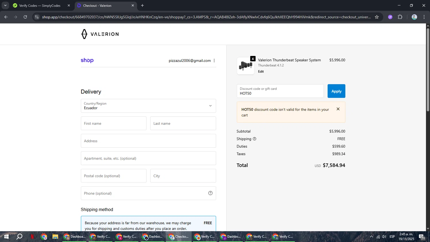 Valerion discount code screenshot showing code HOT50 applied at Valerion checkout page. Uploaded by SimplyCodes community member ShrewdSeeker6165 on Nov 19, 2025