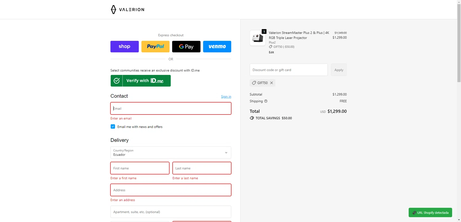 Valerion checkout page showing Valerion discount code box | Screenshot taken by SimplyCodes community member on Dec 29, 2025