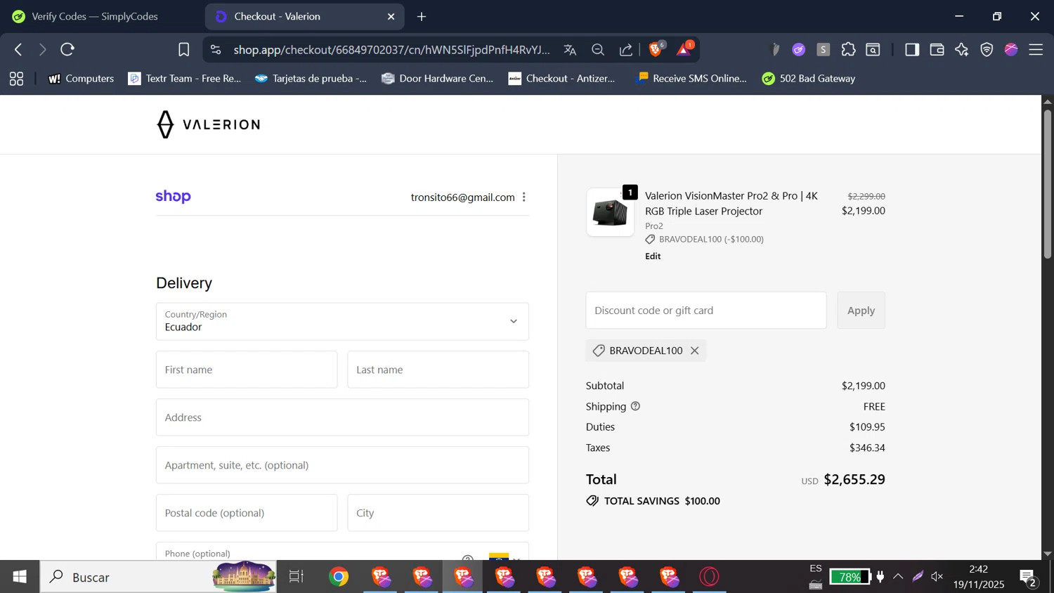 Valerion discount code screenshot showing code bravodeal100 applied at Valerion checkout page. Uploaded by SimplyCodes community member MagnificentHawk9066 on Nov 19, 2025
