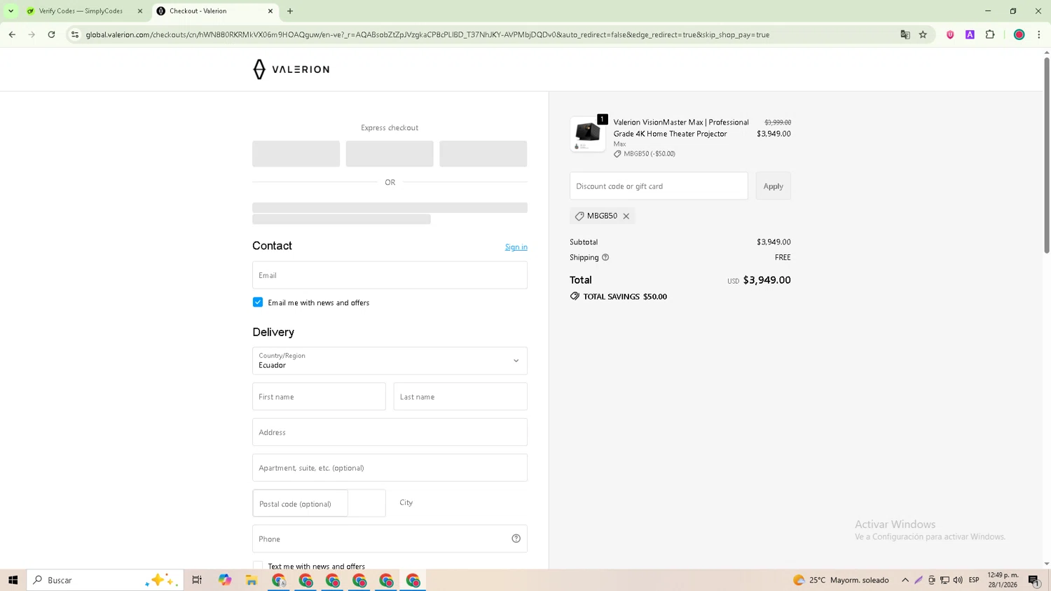 Valerion discount code screenshot showing code MBGB50 applied at Valerion checkout page. Uploaded by SimplyCodes community member GoldRanger7074 on Jan 28, 2026