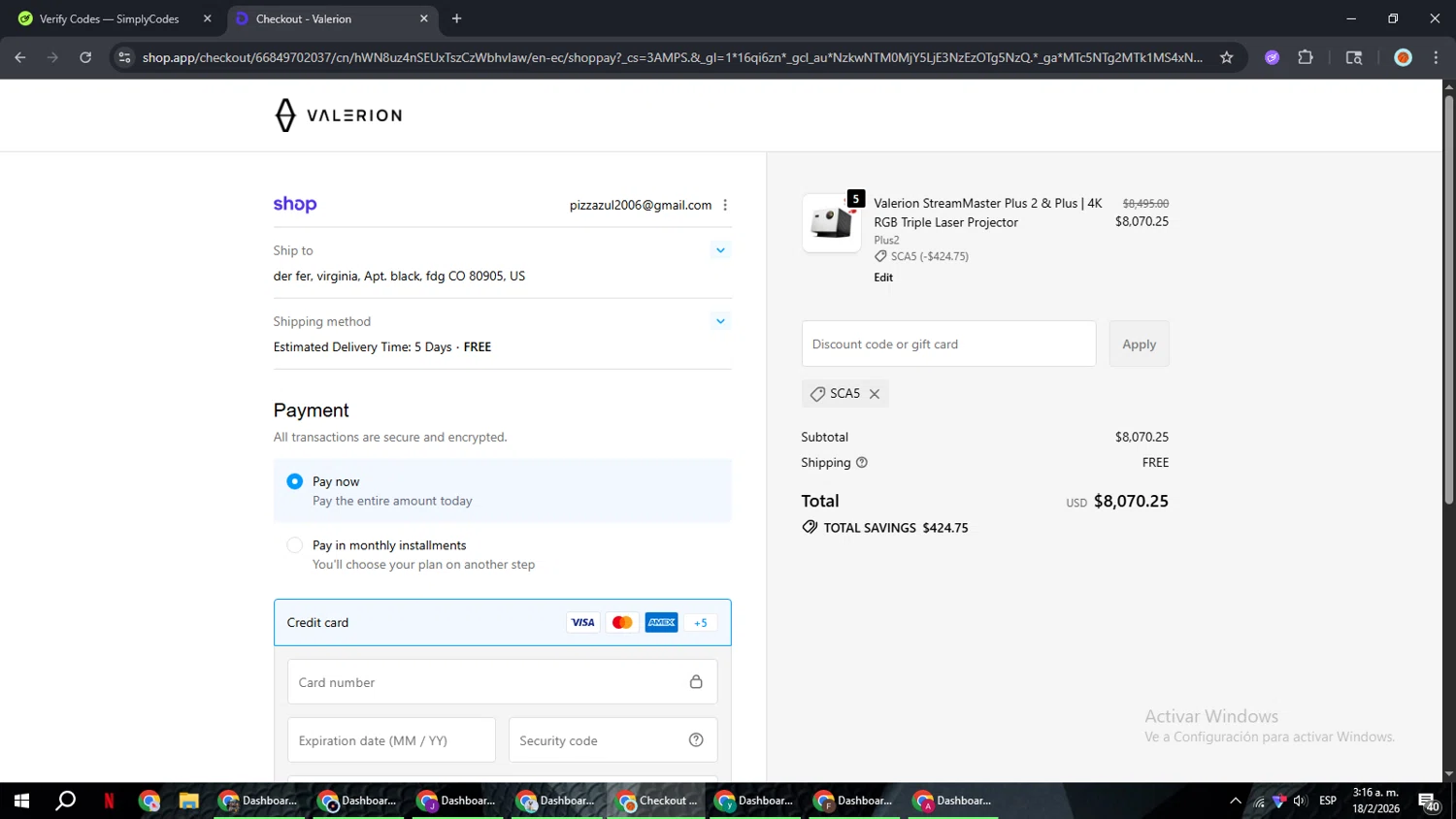 Valerion checkout page showing Valerion discount code box | Screenshot taken by SimplyCodes community member on Feb 18, 2026
