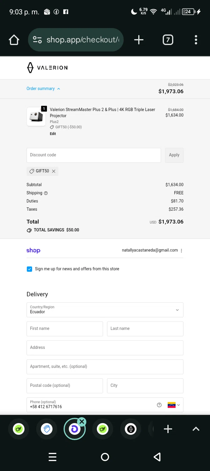 Valerion discount code screenshot showing code GIFT50 applied at Valerion checkout page. Uploaded by SimplyCodes community member Eltoro20 on Nov 6, 2025
