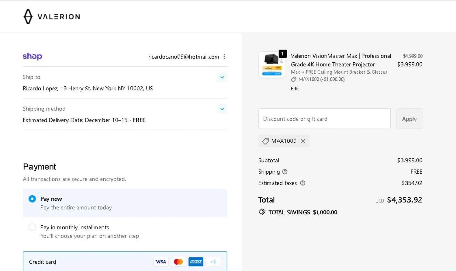 Valerion discount code screenshot showing code MAX1000 applied at Valerion checkout page. Uploaded by SimplyCodes community member LAMINEJAMAL on Dec 2, 2025
