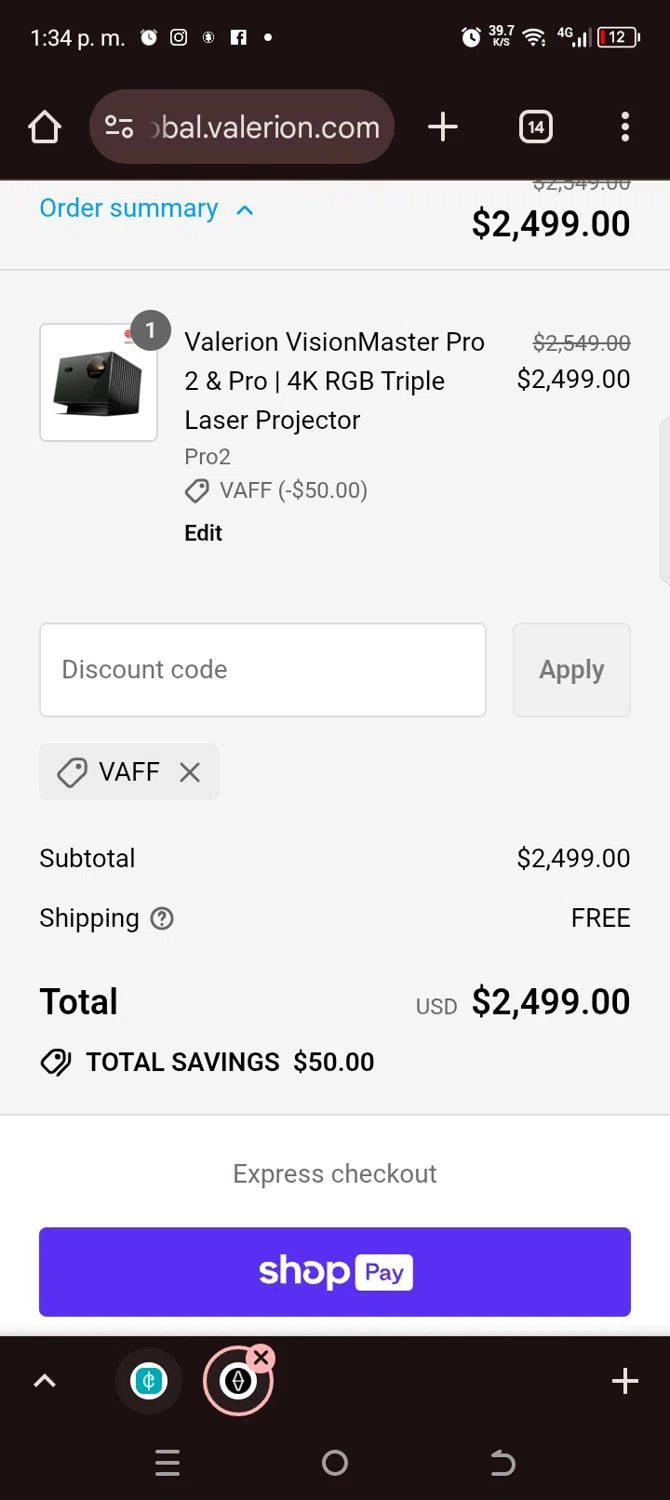 Valerion discount code screenshot showing code Vaff applied at Valerion checkout page. Uploaded by SimplyCodes community member kellymoreno on Jul 24, 2025