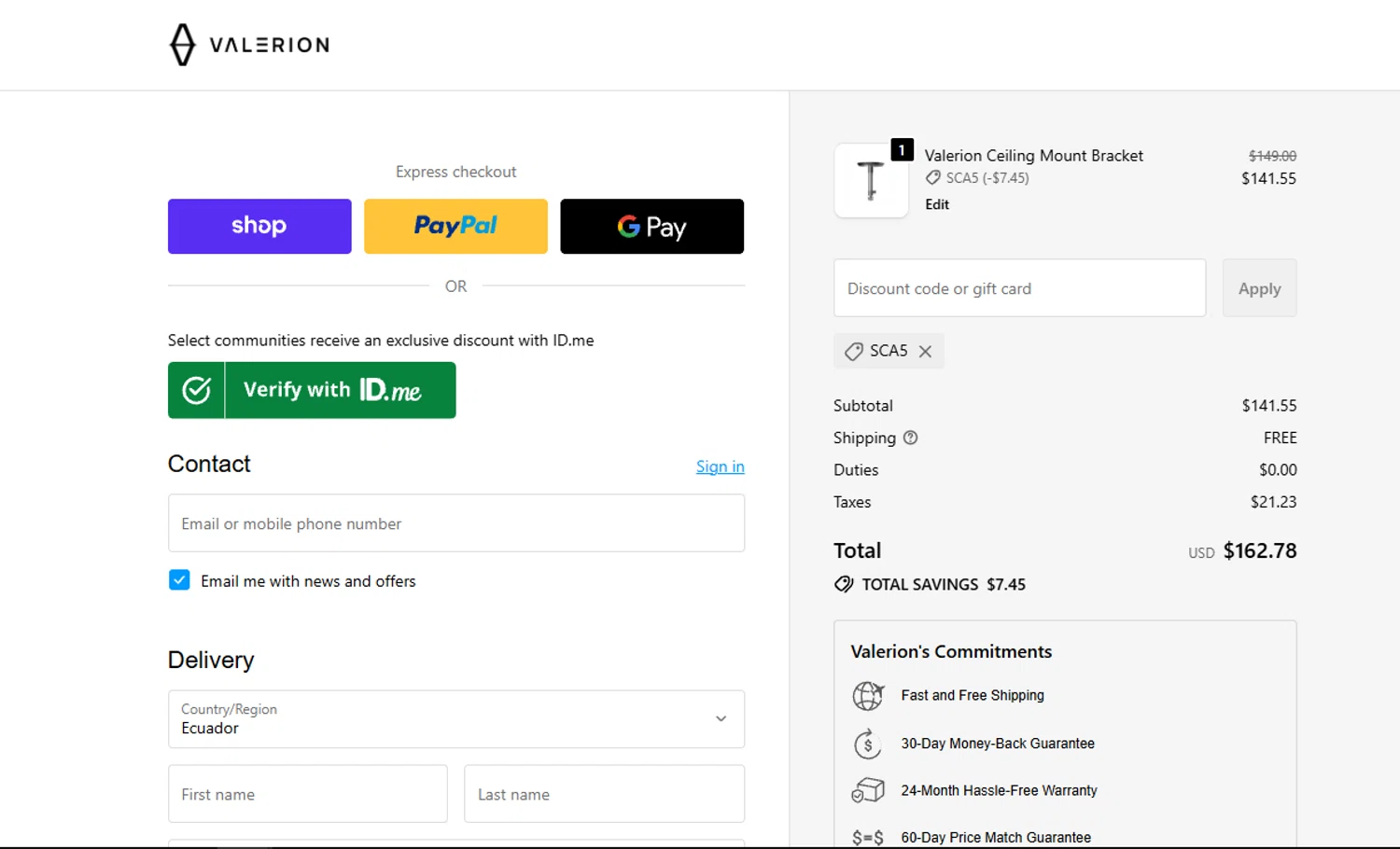 Valerion discount code screenshot showing code SCA5 applied at Valerion checkout page. Uploaded by SimplyCodes community member rapiddeals on Dec 14, 2025