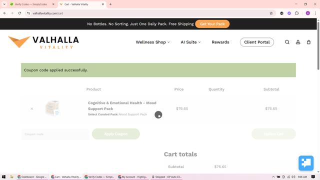 Valhalla Vitality checkout page showing Valhalla Vitality coupon code box | Screenshot taken by SimplyCodes community member on Sep 7, 2025