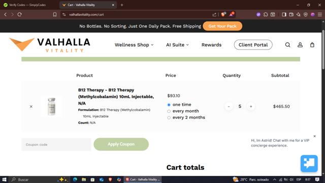 Valhalla Vitality checkout page showing Valhalla Vitality coupon code box | Screenshot taken by SimplyCodes community member on Aug 27, 2025