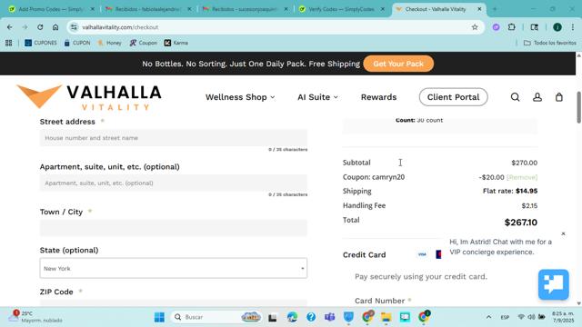 Valhalla Vitality checkout page showing Valhalla Vitality coupon code box | Screenshot taken by SimplyCodes community member on Sep 7, 2025