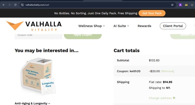 Valhalla Vitality checkout page showing Valhalla Vitality coupon code box | Screenshot taken by SimplyCodes community member on Aug 27, 2025