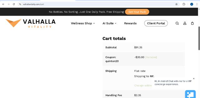 Valhalla Vitality checkout page showing Valhalla Vitality coupon code box | Screenshot taken by SimplyCodes community member on Aug 27, 2025