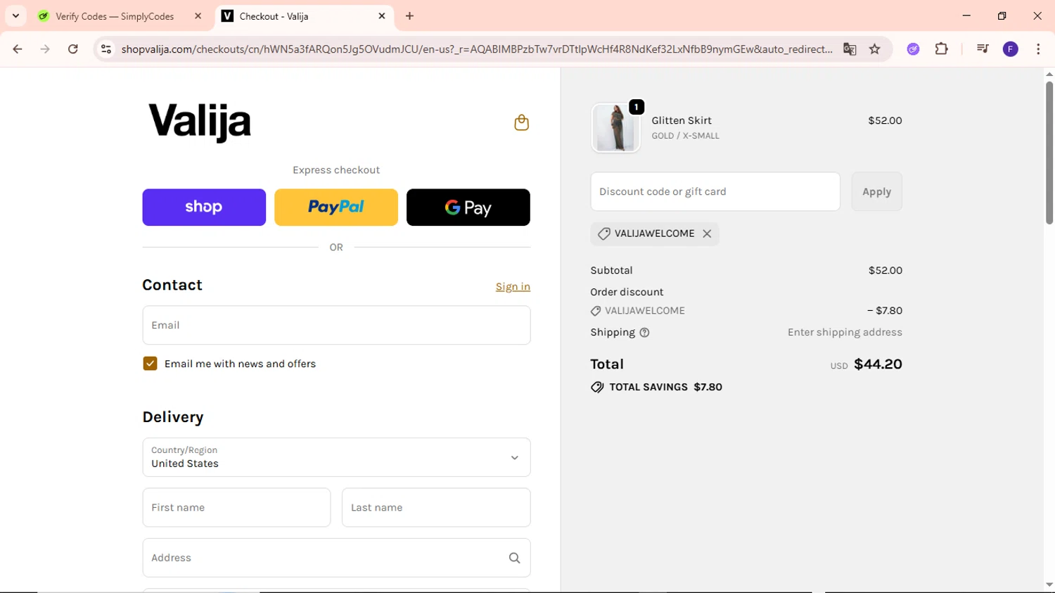 Valija discount code screenshot showing code VALIJAWELCOME applied at Valija checkout page. Uploaded by SimplyCodes community member MightyCaptain635 on Nov 22, 2025