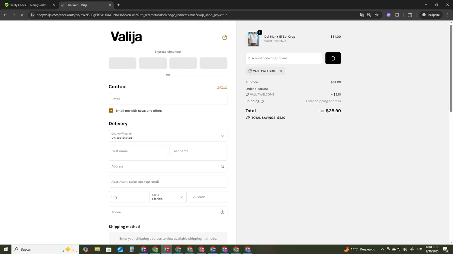 Valija discount code screenshot showing code VALIJAWELCOME applied at Valija checkout page. Uploaded by SimplyCodes community member TOROREX250 on Oct 9, 2025