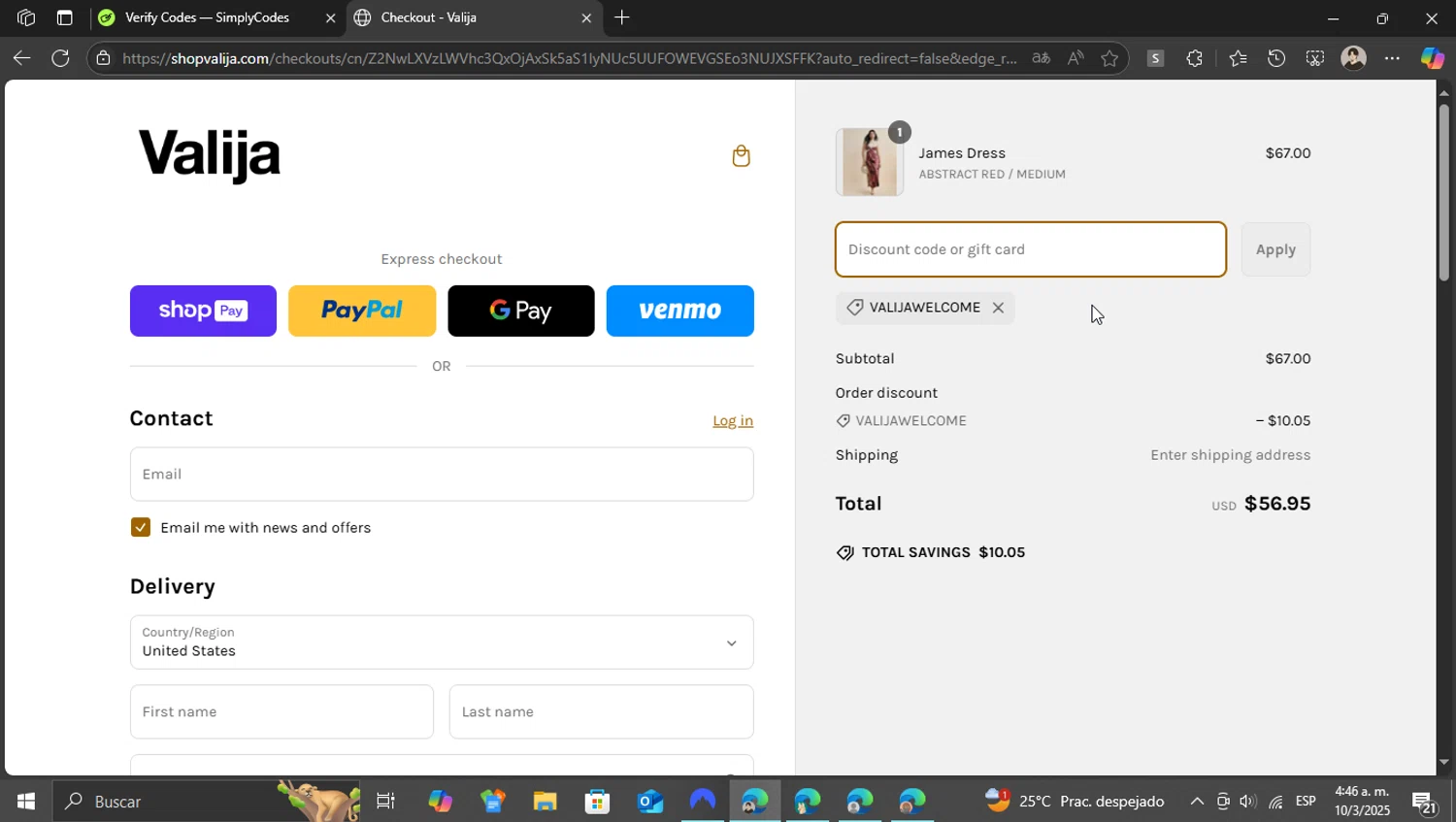Valija discount code screenshot showing code VALIJAWELCOME applied at Valija checkout page. Uploaded by SimplyCodes community member WonderKnight7884 on Mar 10, 2025