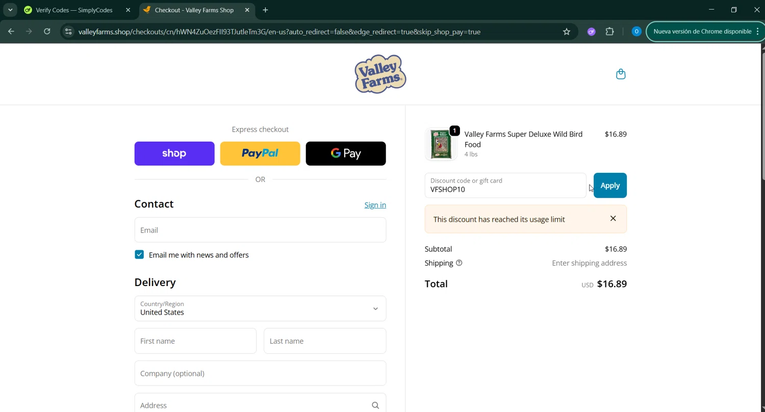 Valley Farms promo code screenshot showing code VFSHOP10 applied at Valley Farms checkout page. Uploaded by SimplyCodes community member _____________ on Oct 26, 2025