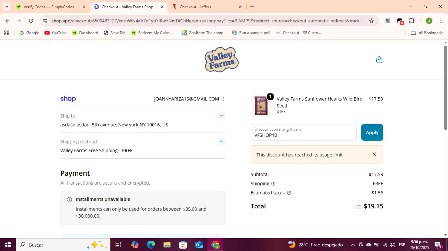 Valley Farms promo code screenshot showing code VFSHOP10 applied at Valley Farms checkout page. Uploaded by SimplyCodes community member Sukuna_ on Oct 27, 2025