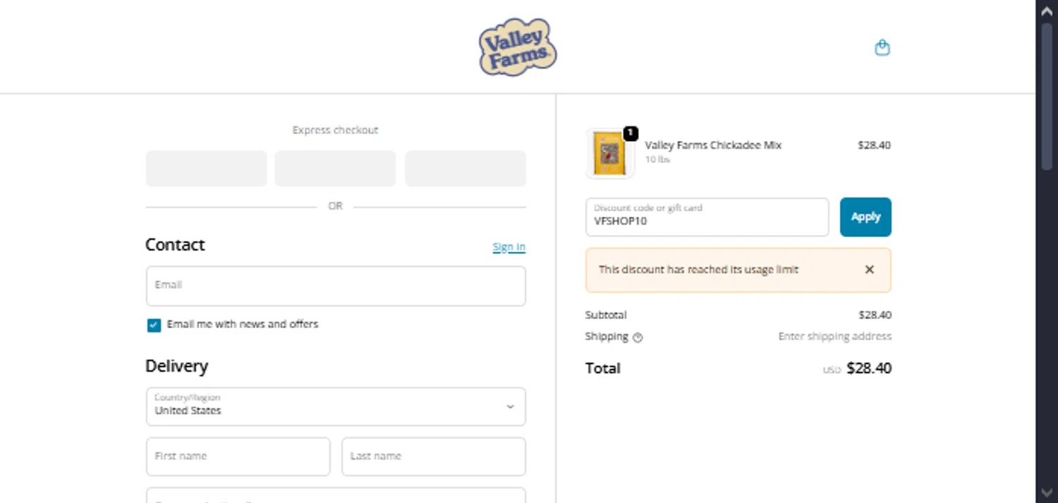 Valley Farms promo code screenshot showing code VFSHOP10 applied at Valley Farms checkout page. Uploaded by SimplyCodes community member TraxoGamer on Oct 27, 2025