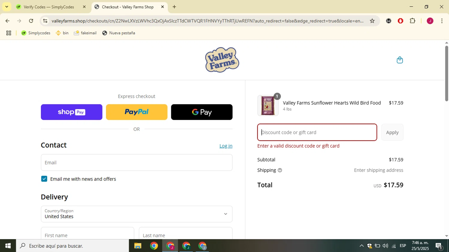 Valley Farms promo code screenshot showing code MOM10 applied at Valley Farms checkout page. Uploaded by SimplyCodes community member SavvyChaser3144 on May 25, 2025