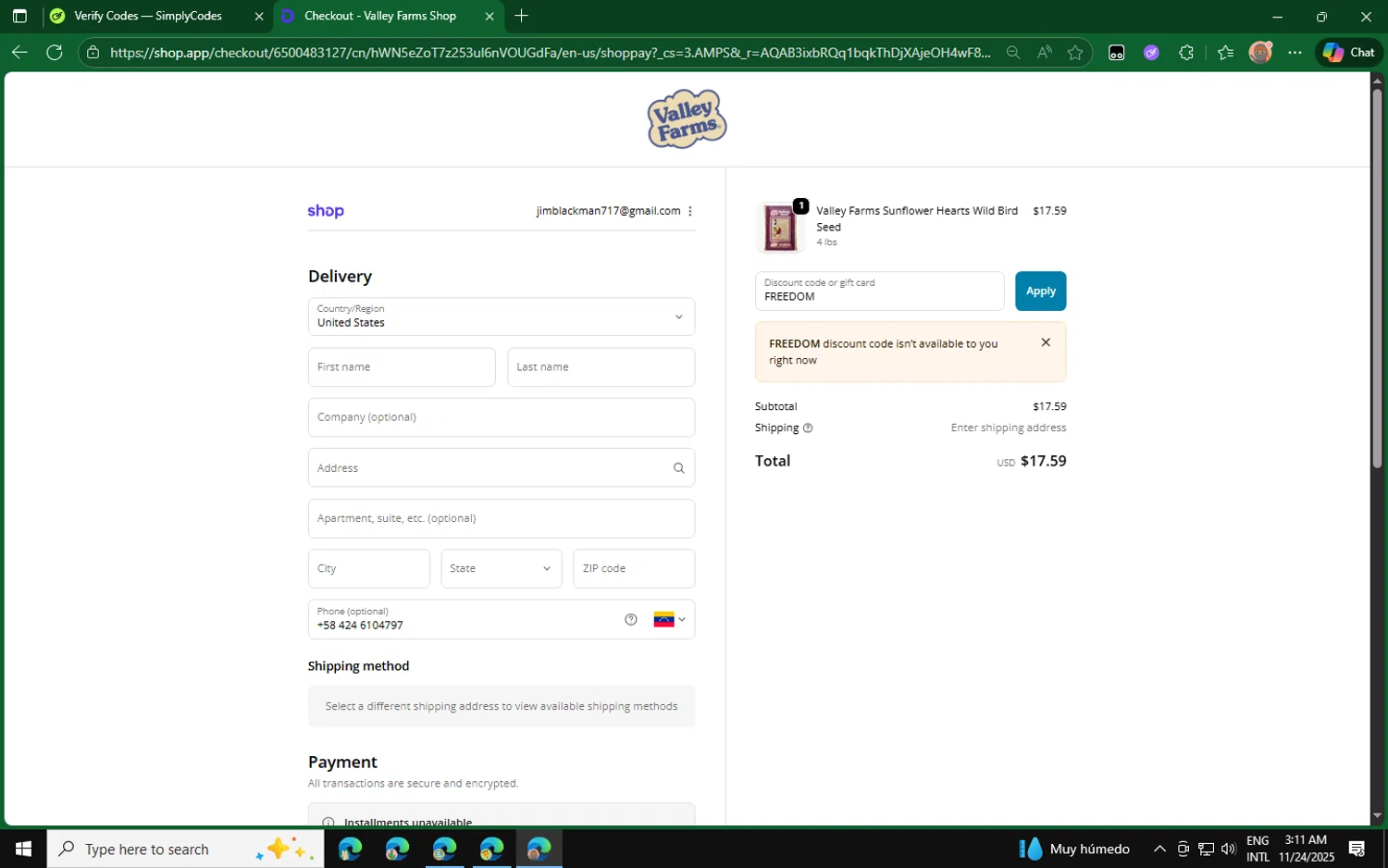 Valley Farms promo code screenshot showing code FREEDOM applied at Valley Farms checkout page. Uploaded by SimplyCodes community member CouponPro4243 on Nov 24, 2025