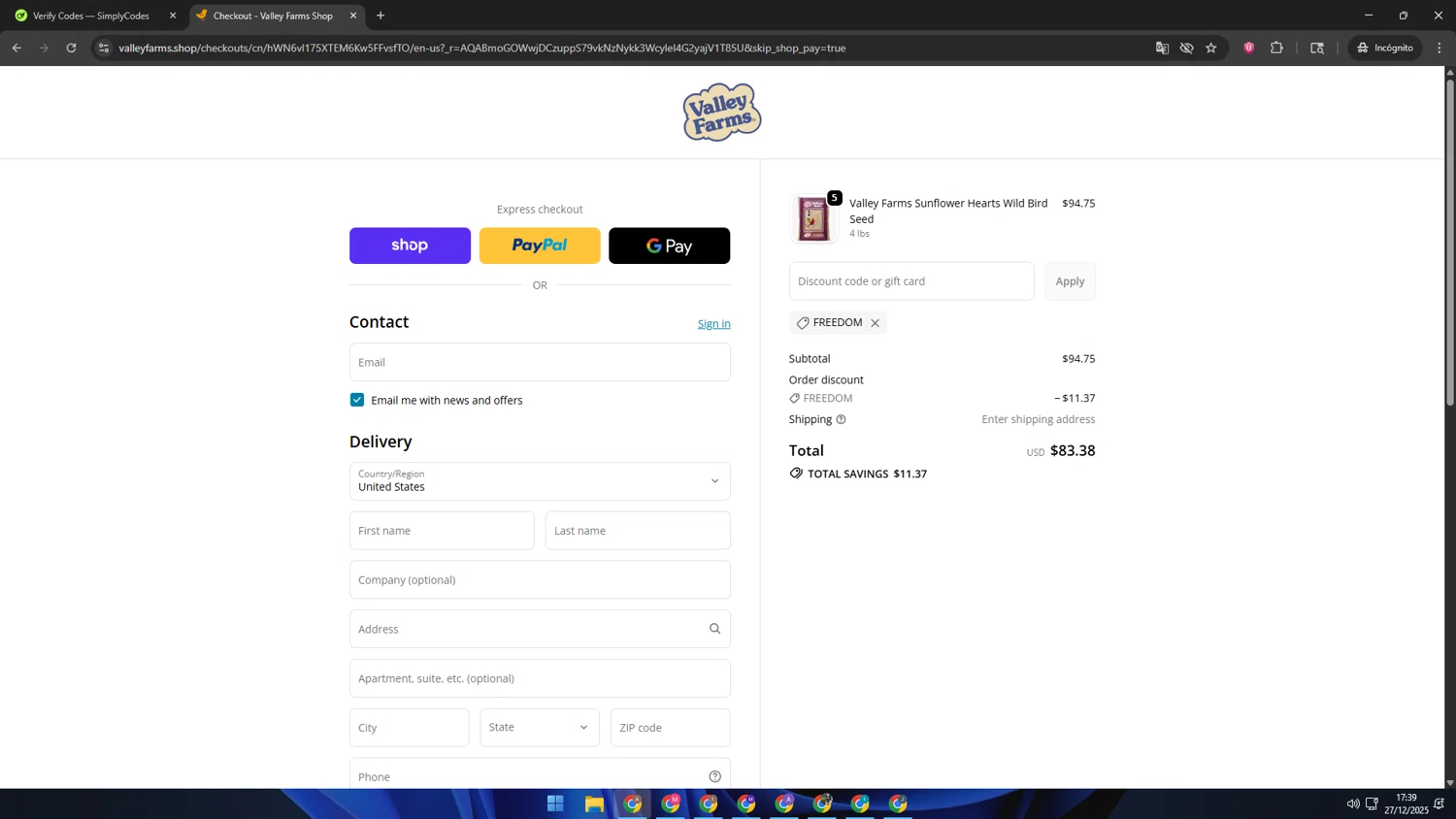Valley Farms promo code screenshot showing code FREEDOM applied at Valley Farms checkout page. Uploaded by SimplyCodes community member SwiftSage2309 on Dec 27, 2025