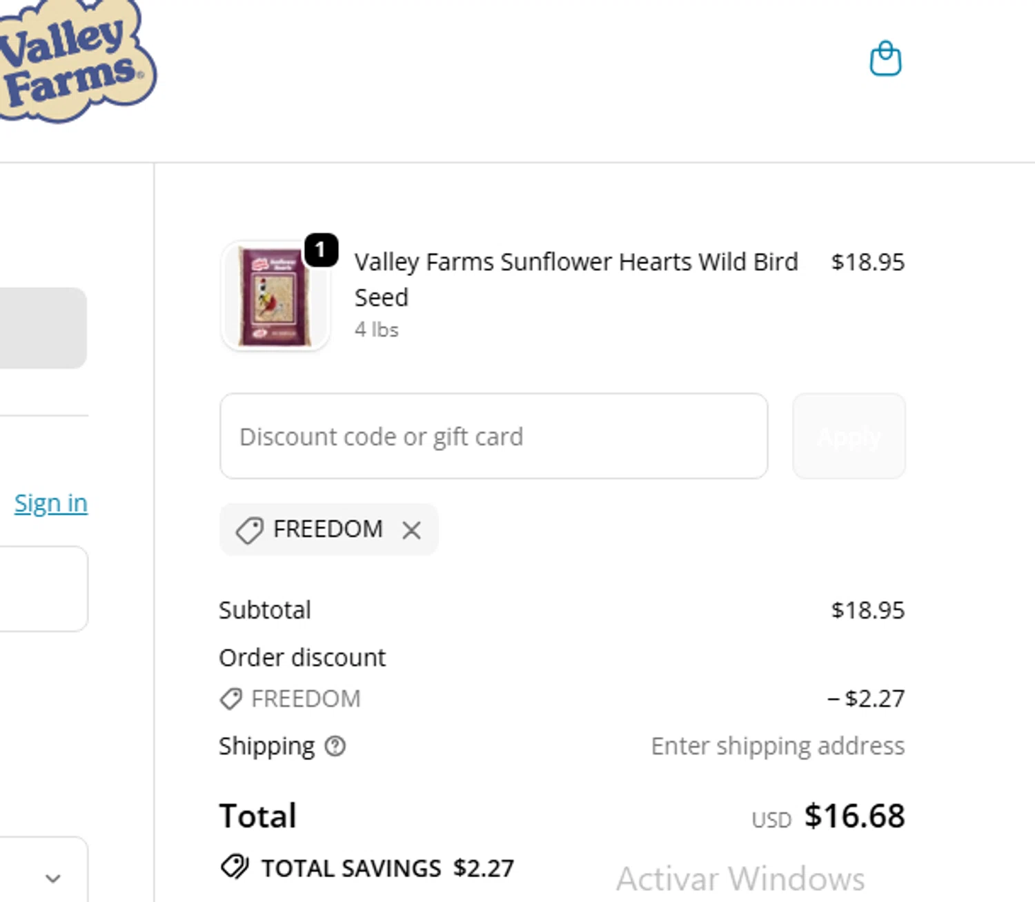Valley Farms promo code screenshot showing code FREEDOM applied at Valley Farms checkout page. Uploaded by SimplyCodes community member jMoya06 on Dec 10, 2025