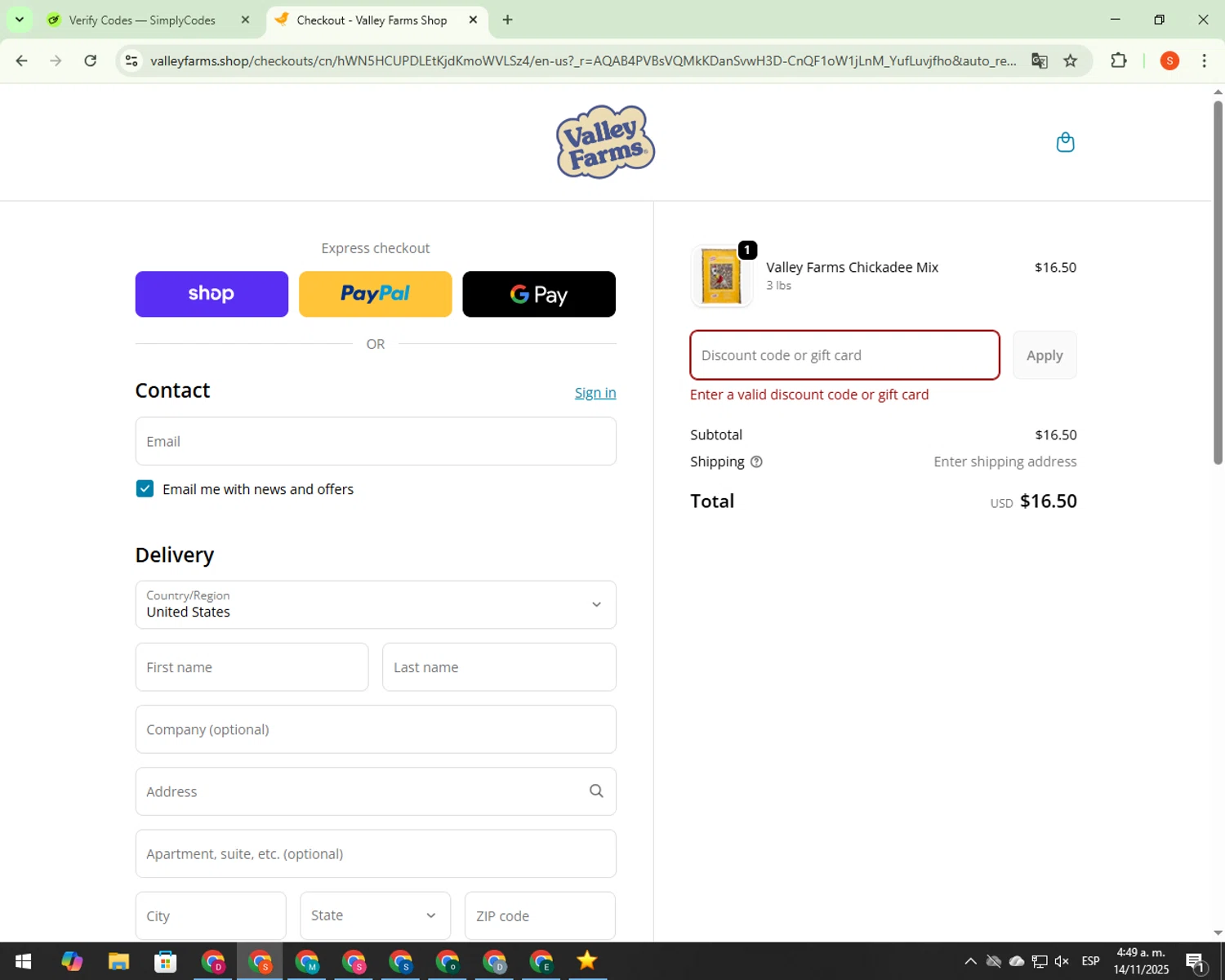 Valley Farms promo code screenshot showing code SENDME25 applied at Valley Farms checkout page. Uploaded by SimplyCodes community member CrownBoss9623 on Nov 14, 2025