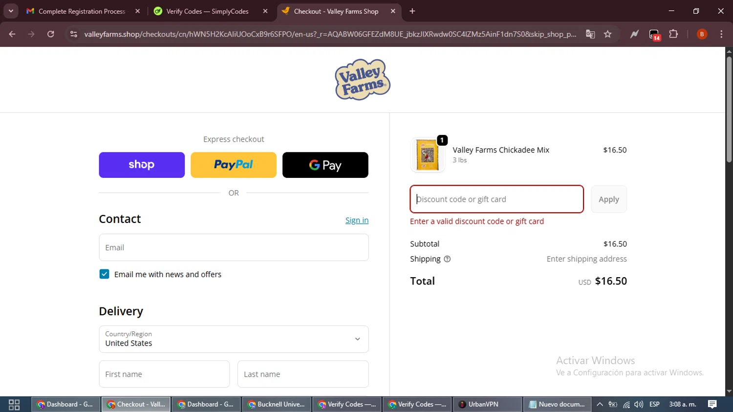 Valley Farms promo code screenshot showing code SENDME25 applied at Valley Farms checkout page. Uploaded by SimplyCodes community member DiscountExpert6435 on Nov 14, 2025