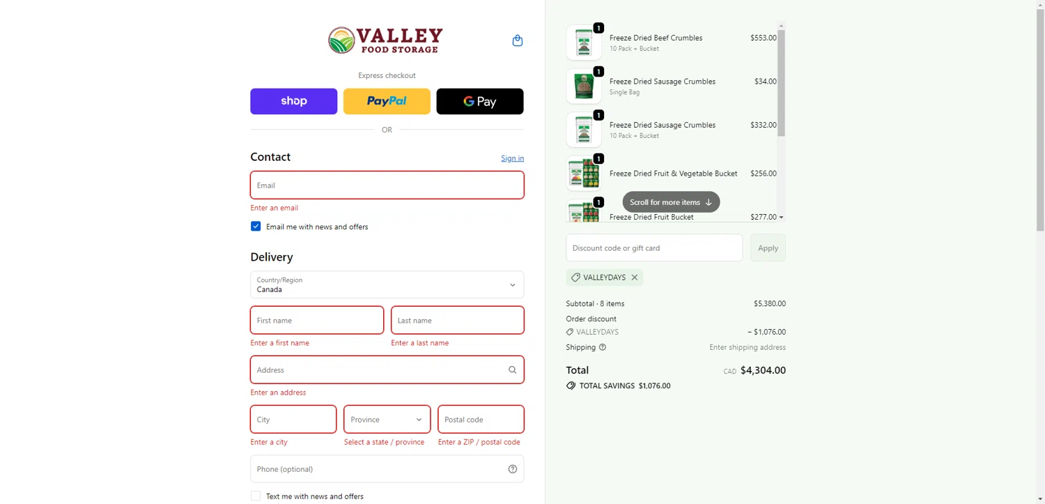 Valley Food Storage. promo code screenshot showing code VALLEYDAYS applied at Valley Food Storage. checkout page. Uploaded by SimplyCodes community member SwiftCurator4059 on Jan 31, 2026