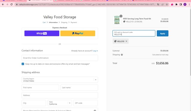 Valley Food Storage checkout page showing Valley Food Storage discount code box | Screenshot taken by SimplyCodes community member on Feb 27, 2023